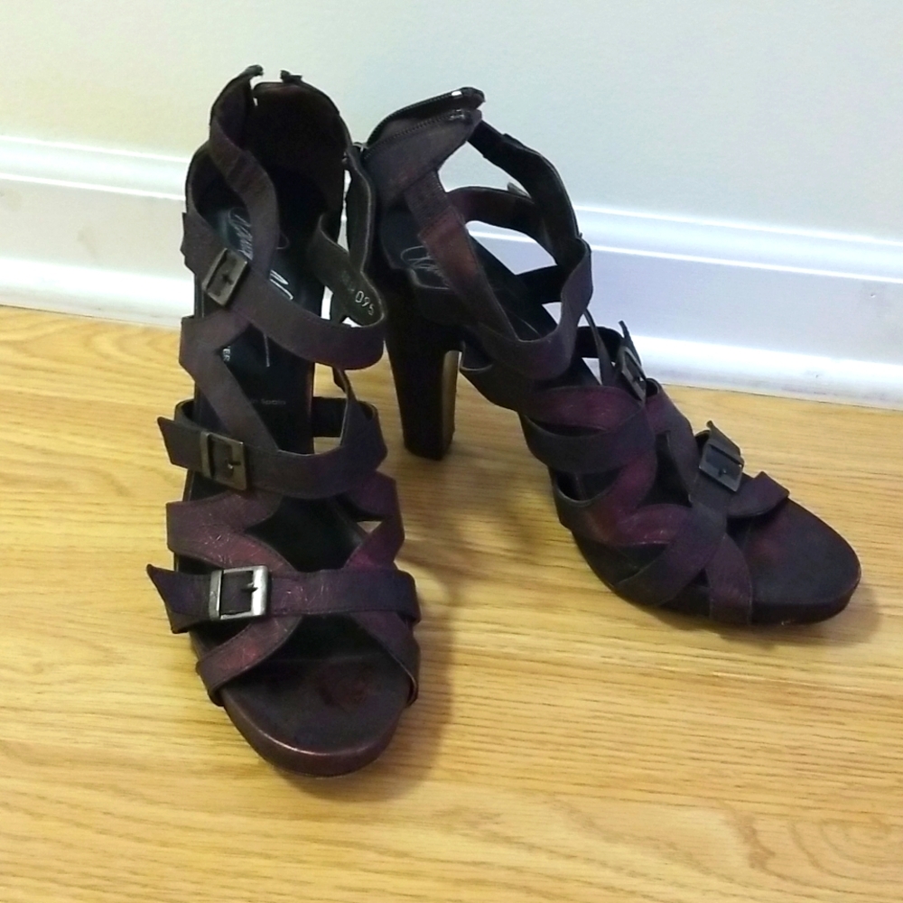 Donald J. Pliner "Vajib" Metallic Burgundy Leather Heeled Sandals